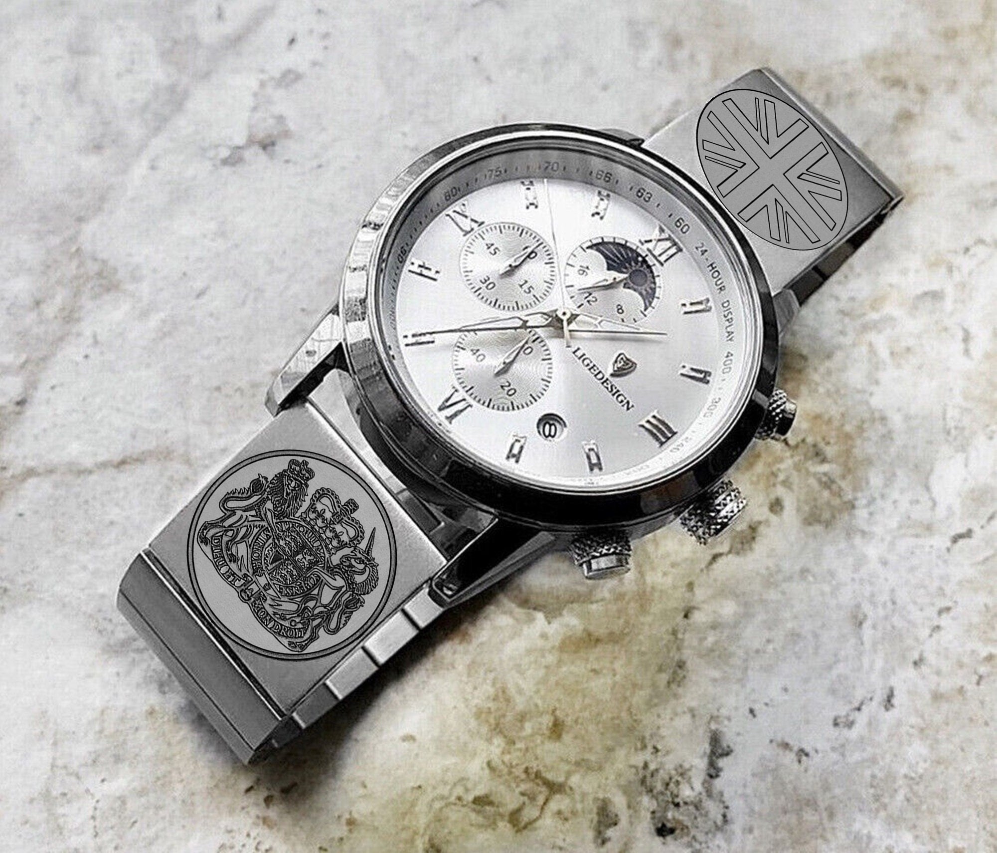 22mm 24mm 25mm Lugs Watch Band Great Britain UK Symbols for Traditional Casual Luxury and Smartwatches Engraved Silver St Steel Strap UKS